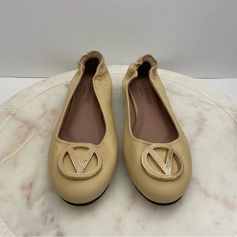 Valentino Mario Ballet Flats Calliope Beige Leather Shoes Monogram Women’s 10